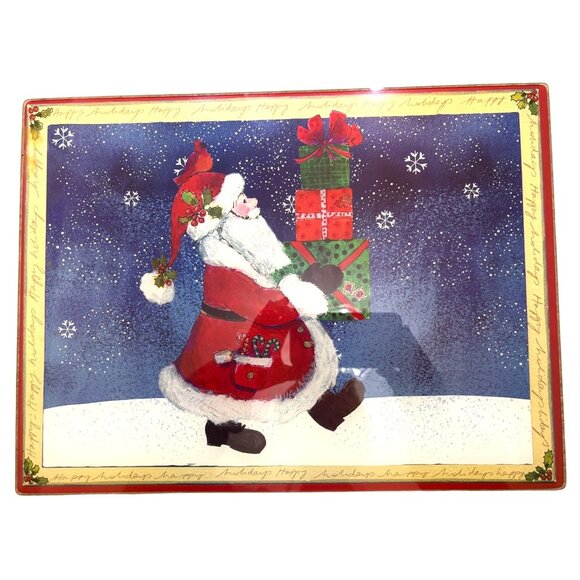VTG Santa-Themed Glass Cutting Board w Happy Holidays Border 12"x10" Heat/ Scrat - Picture 2 of 8